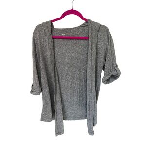 Stem Gray Hooded Open Cardigan Roll Tab Sleeve‎ Lightweight Casual Top